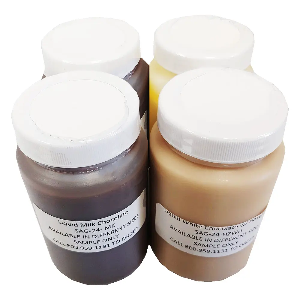 small sample bottles of chocolate sauce