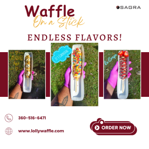 Three flavors of Waffle on a Stick, including Caramel Apple, Carnival, and Strawberry